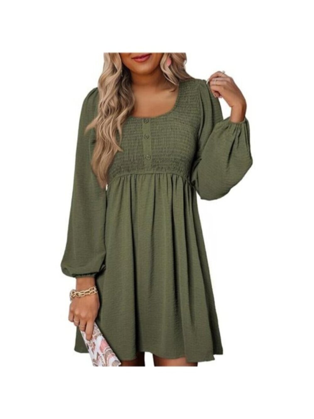 Womens 2025 Casual Dress Smocked Crewneck Button Up Long Sleeve Empire Green